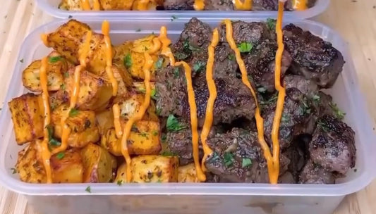 Garlic Steak Bites and Crispy Sweet Potato